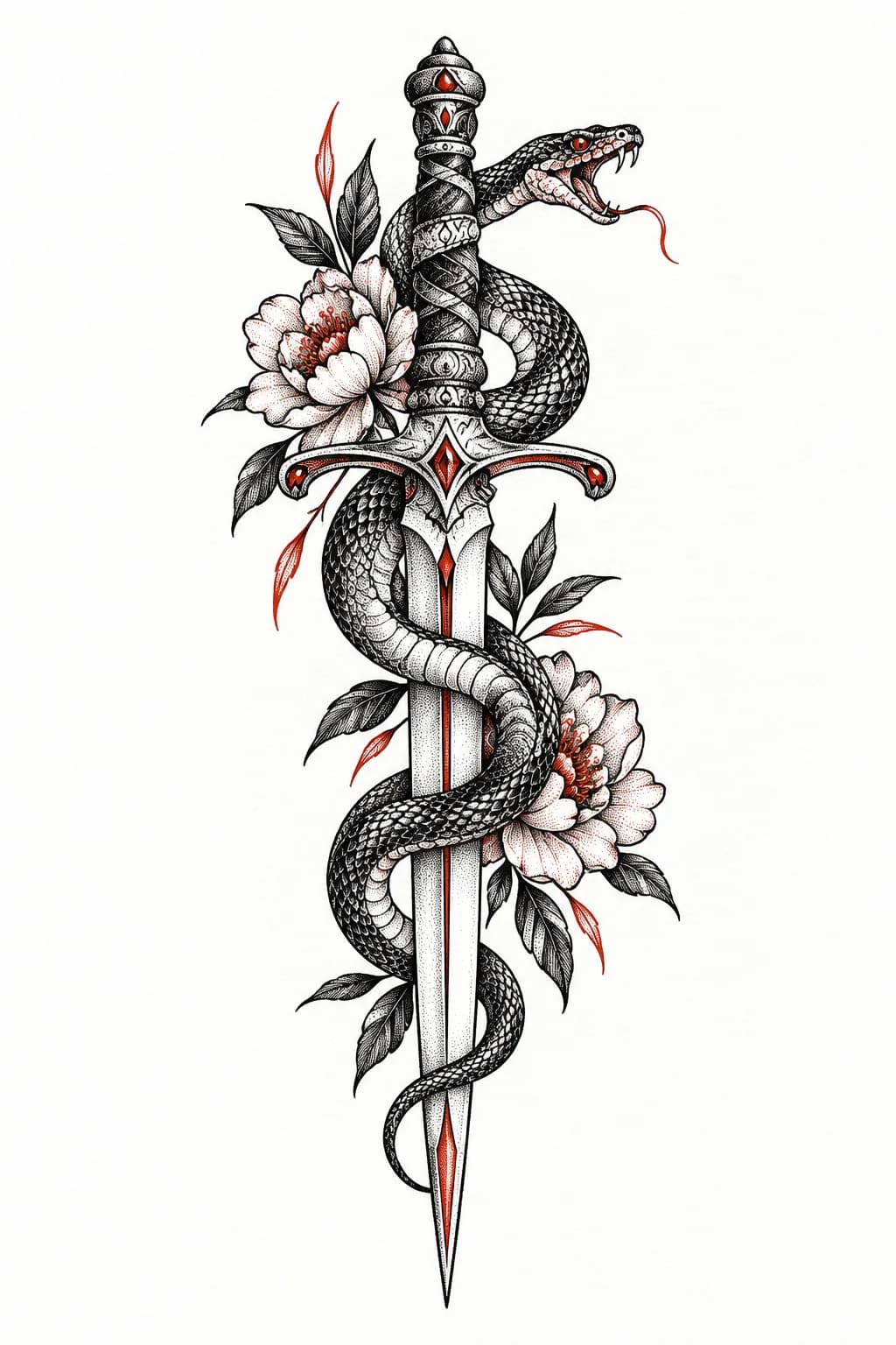 A snake coiled around a blooming dagger — Fine Line tattoo design generated with Inkaro