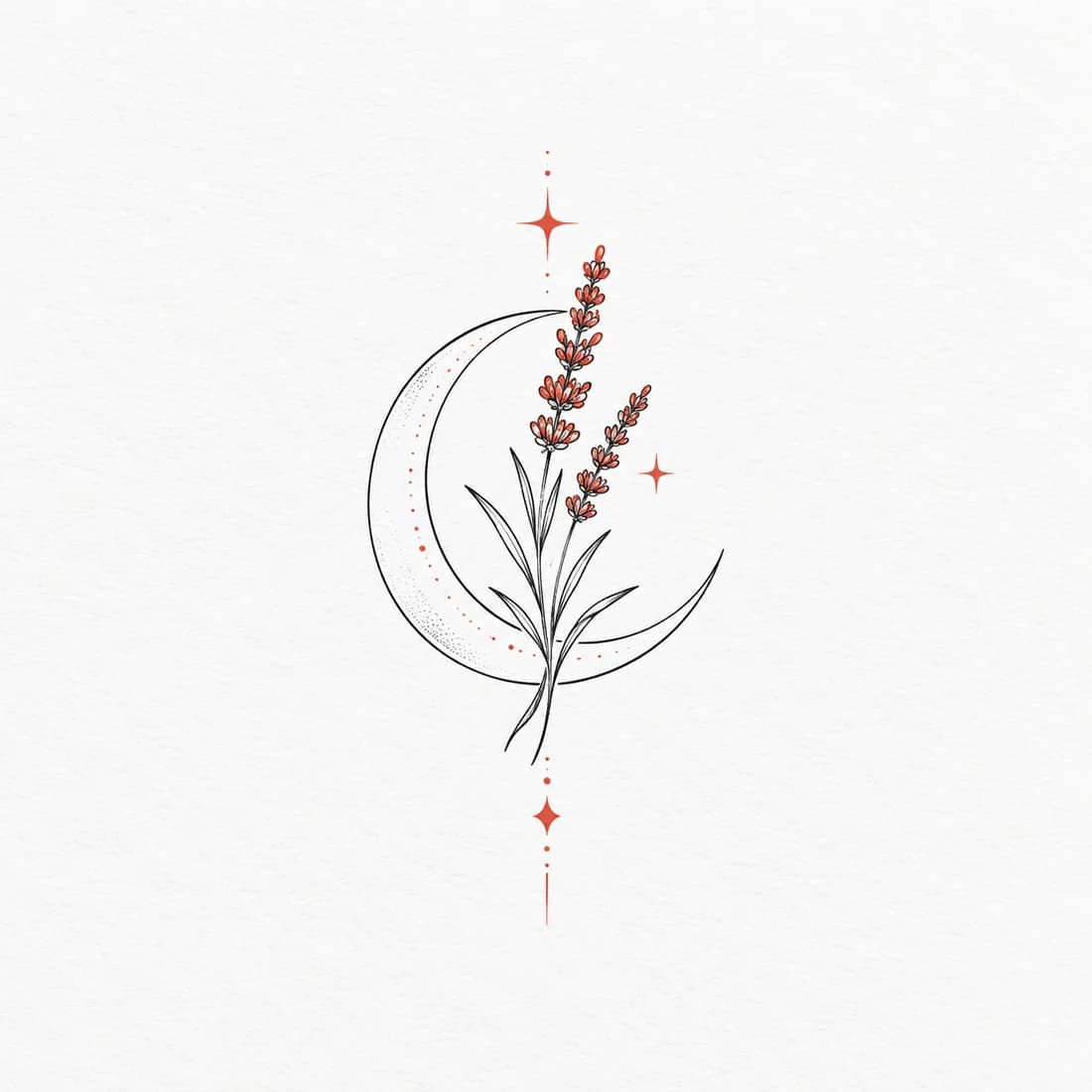 Crescent moon cradling a sprig of lavender — Fine Line tattoo design generated with Inkaro