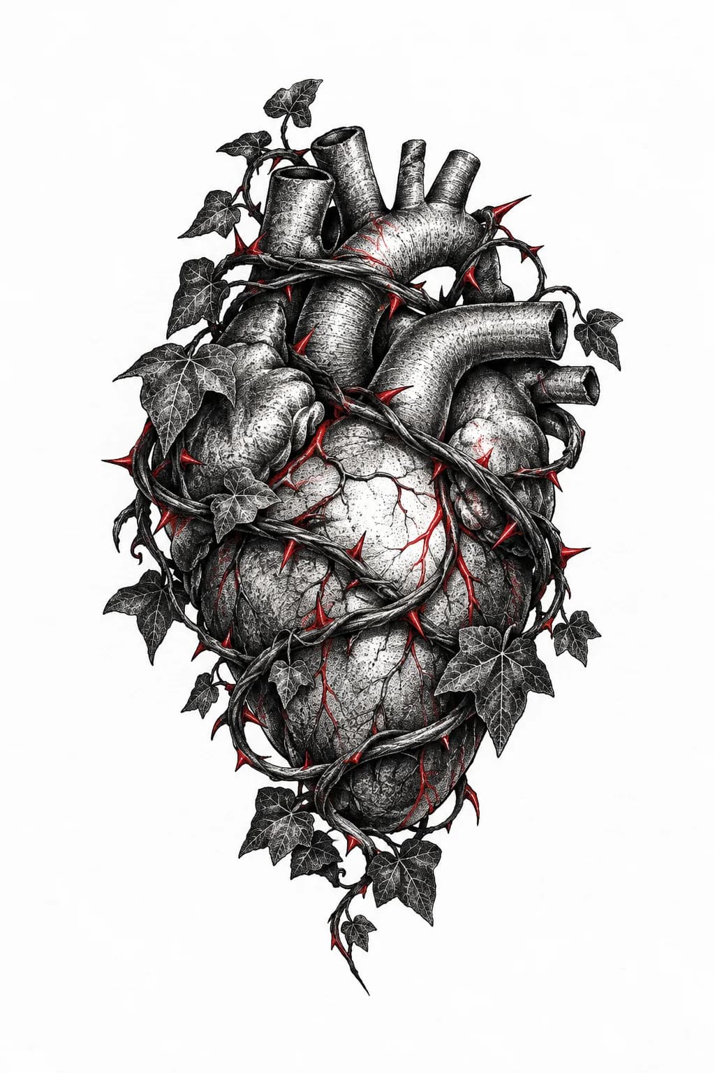Anatomical heart wrapped in barbed ivy — Dotwork tattoo design generated with Inkaro