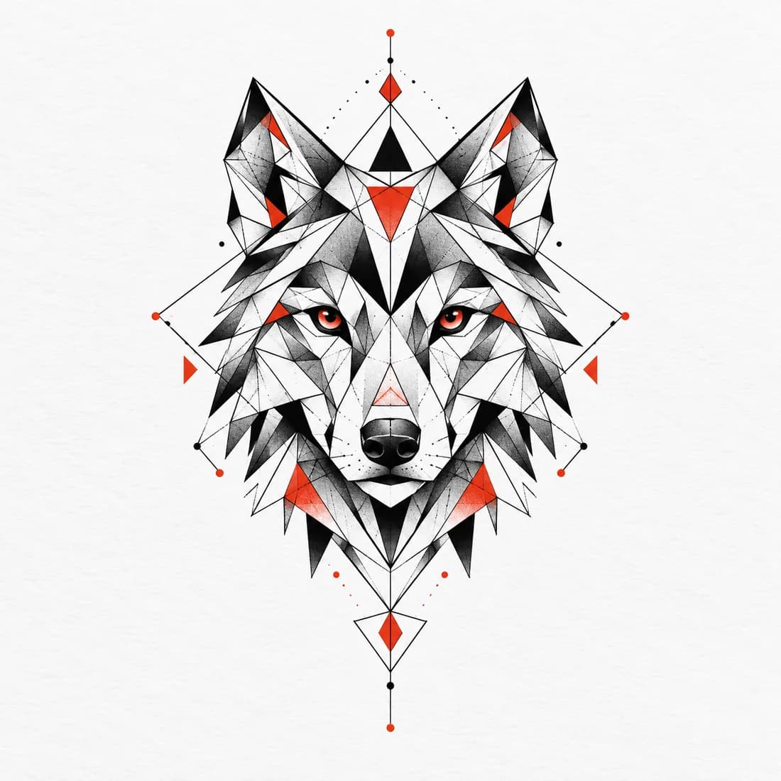 A wolf built from intersecting triangles — Dotwork tattoo design generated with Inkaro