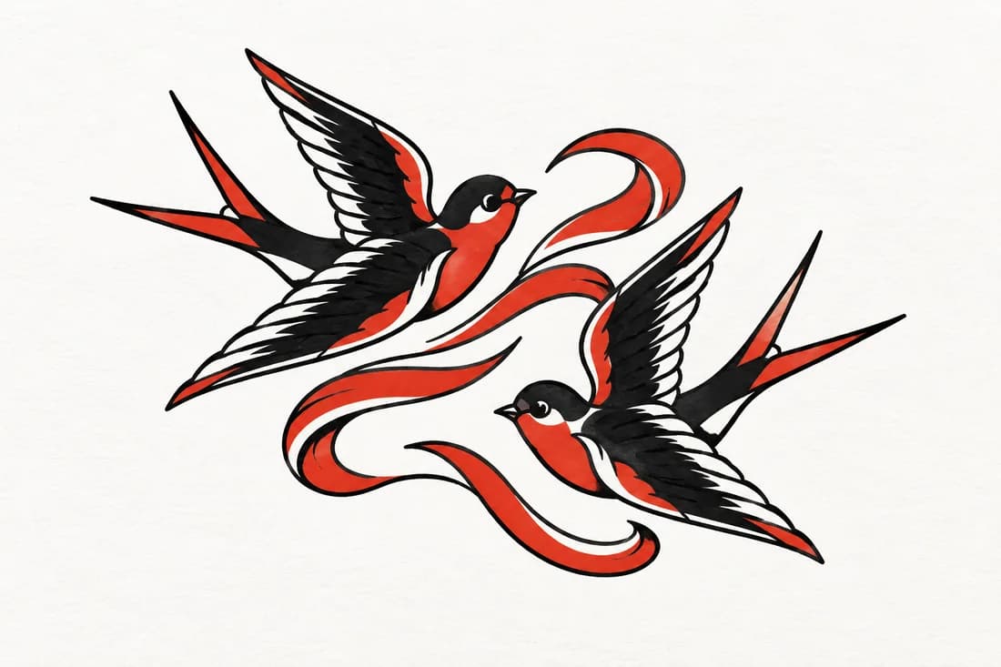 Two swallows and a ribbon of wind — Old School tattoo design generated with Inkaro