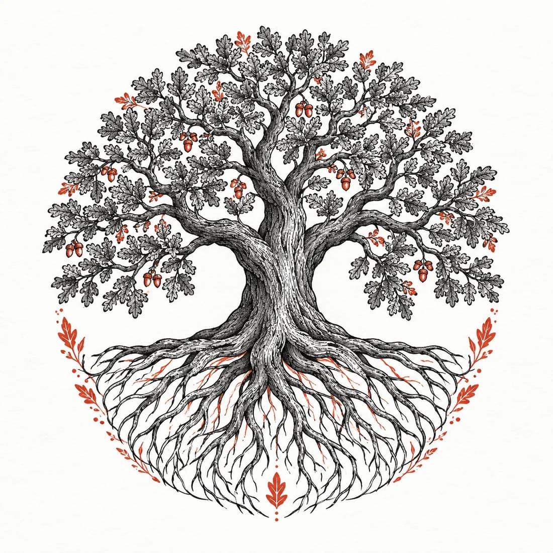 An oak tree whose roots close a circle — Botanical tattoo design generated with Inkaro