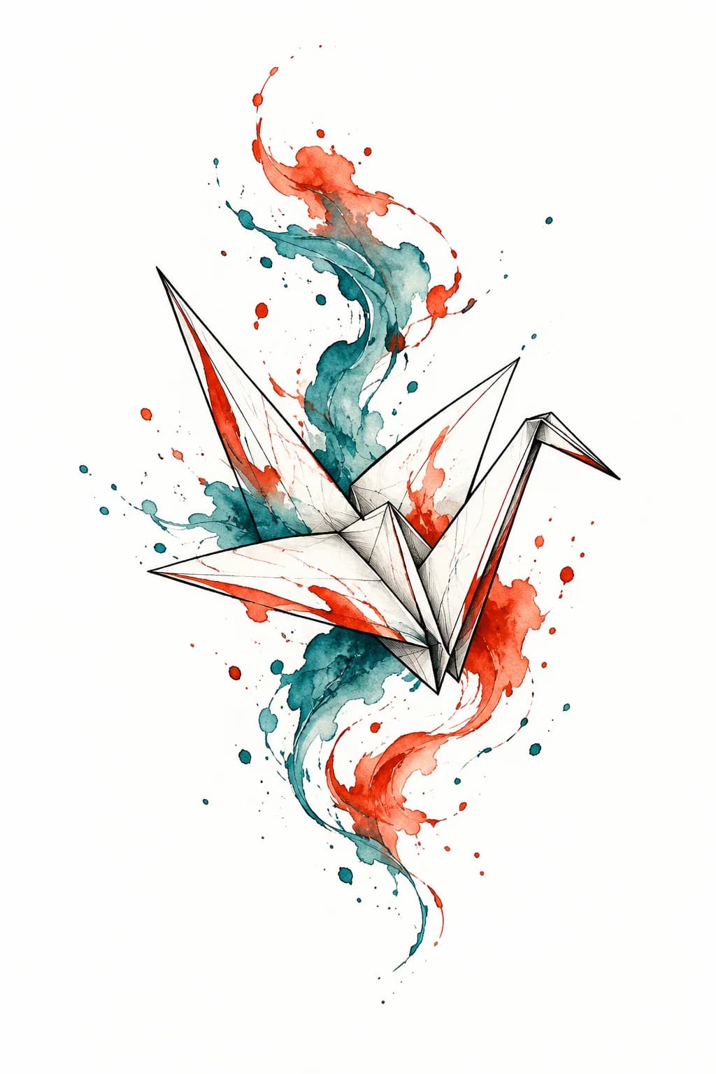 Origami crane dissolving into colour — Watercolour tattoo design generated with Inkaro
