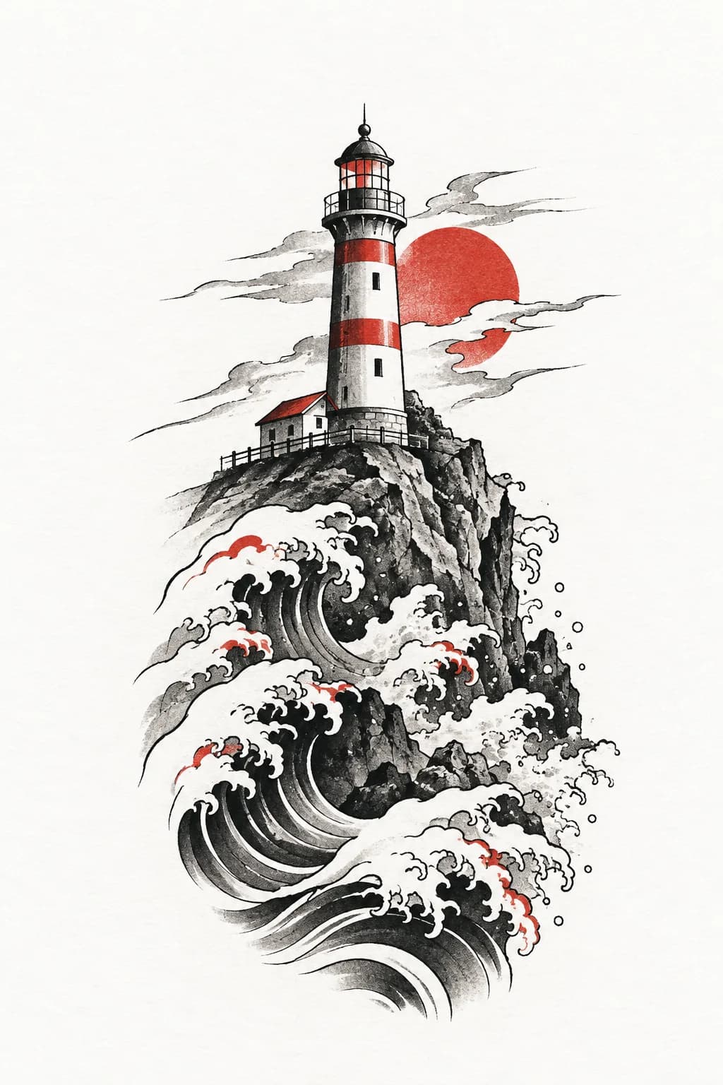 Lighthouse against breaking waves — Japanese tattoo design generated with Inkaro