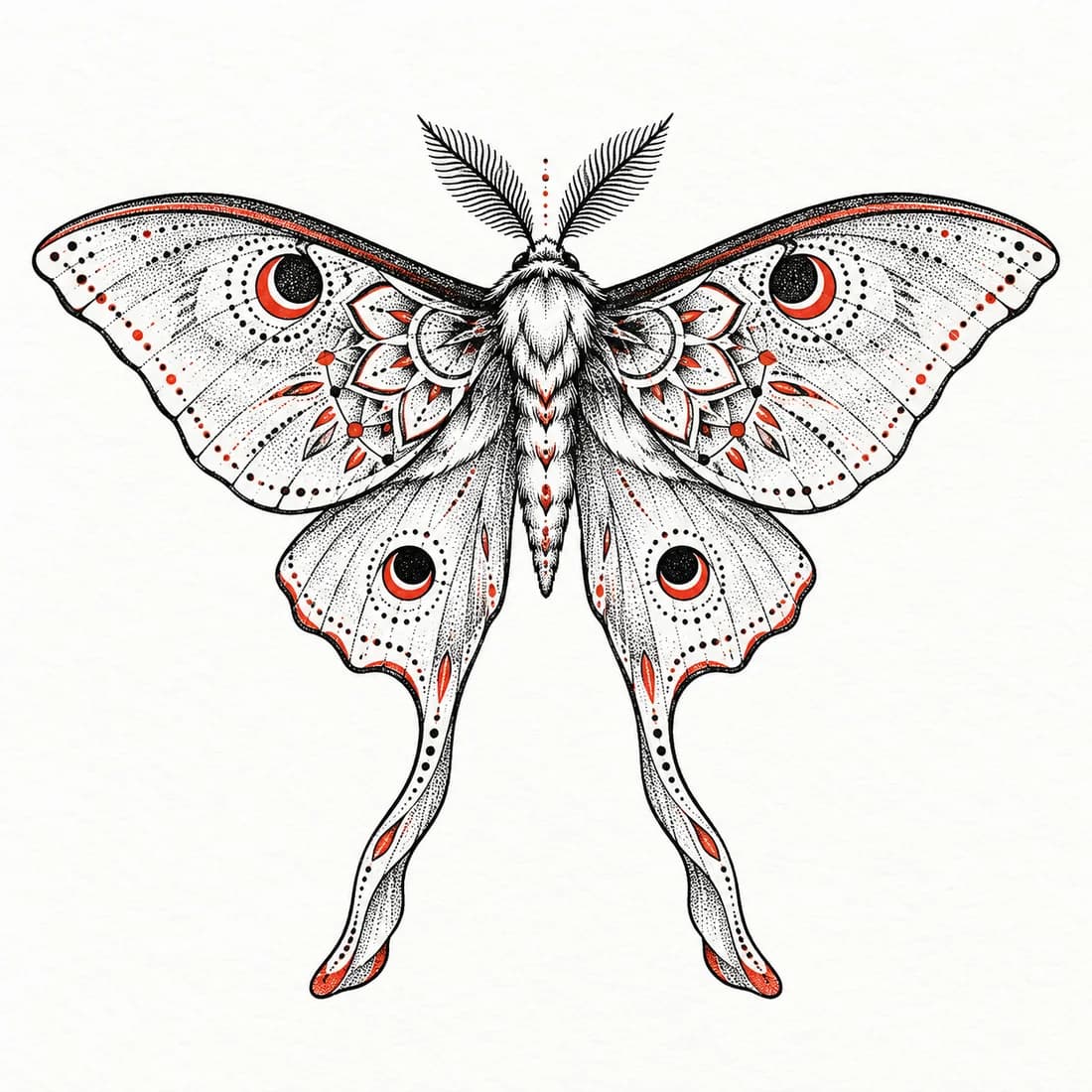 Luna moth with mandala wings — Dotwork tattoo design generated with Inkaro