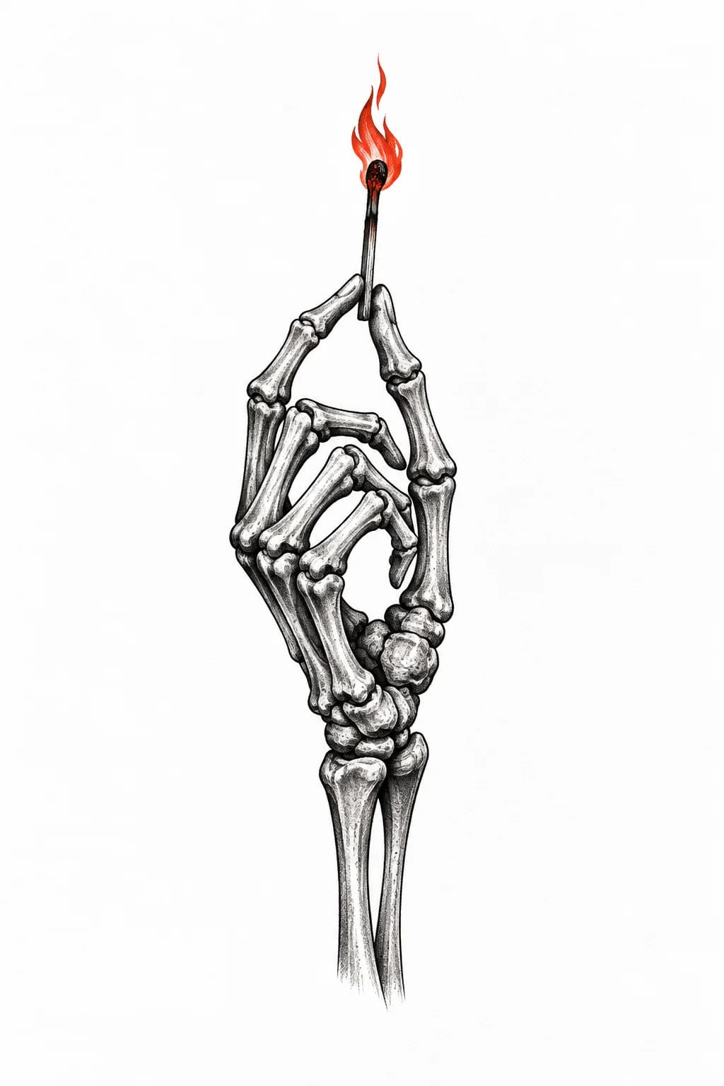 Skeletal hand striking a match — Black & Grey tattoo design generated with Inkaro