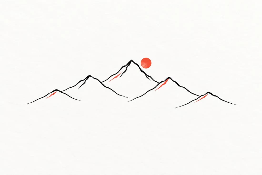 A mountain range in five unbroken lines — Fine Line tattoo design generated with Inkaro