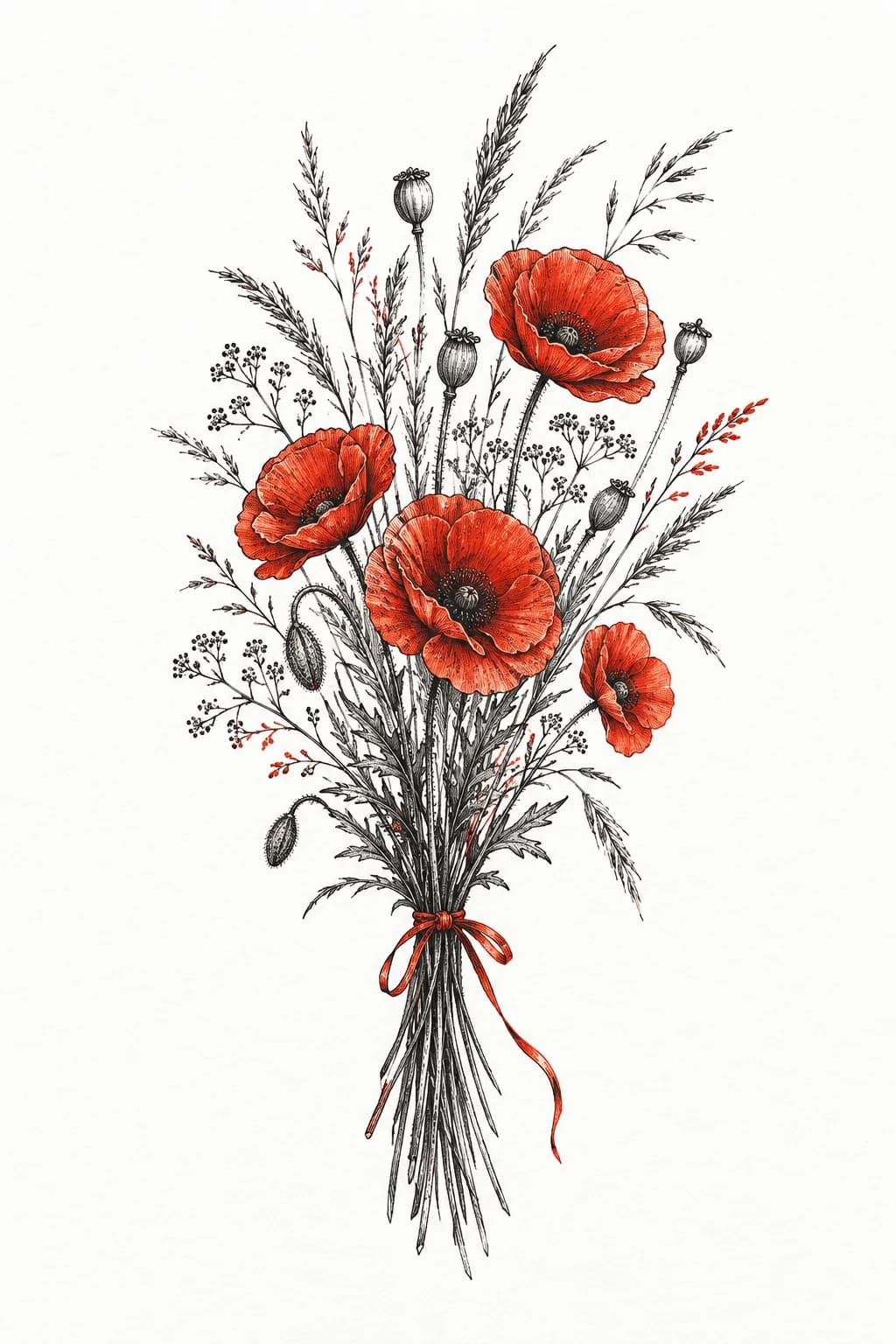 Wild poppies tied with a thin ribbon — Botanical tattoo design generated with Inkaro
