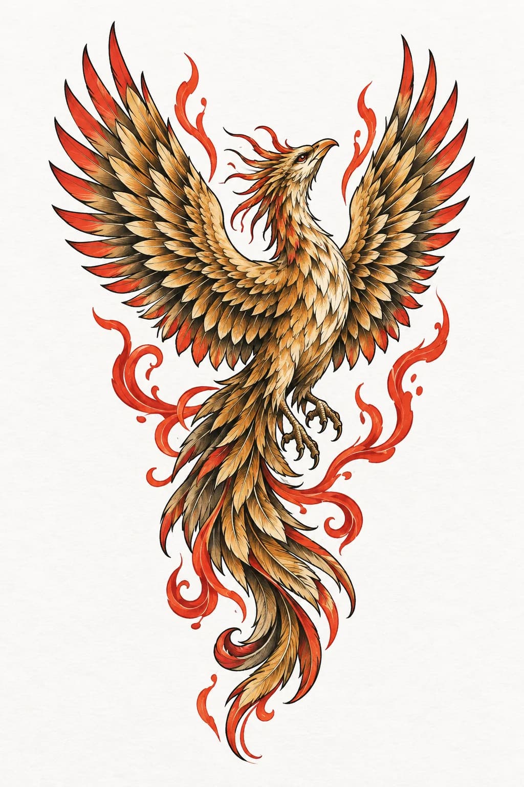 A phoenix rising through flame curls — Neo-Traditional tattoo design generated with Inkaro