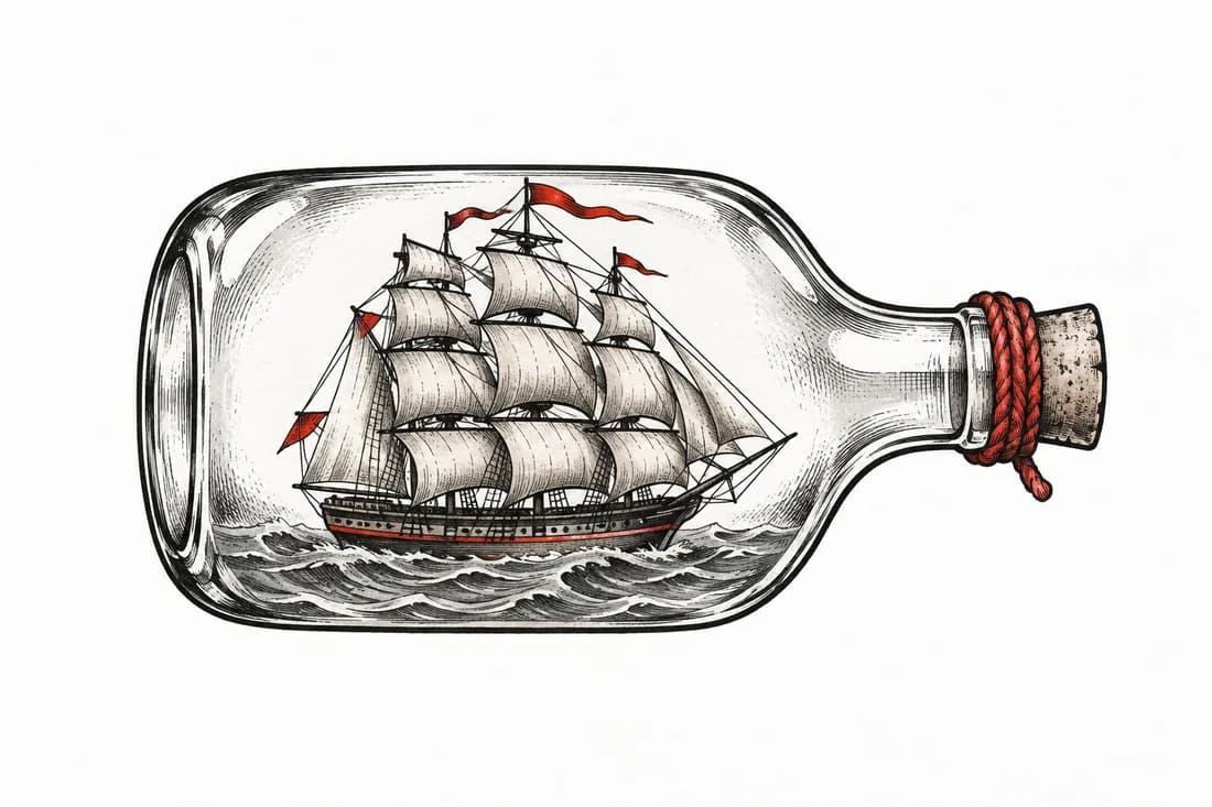 A sailing ship inside a bottle — Black & Grey tattoo design generated with Inkaro