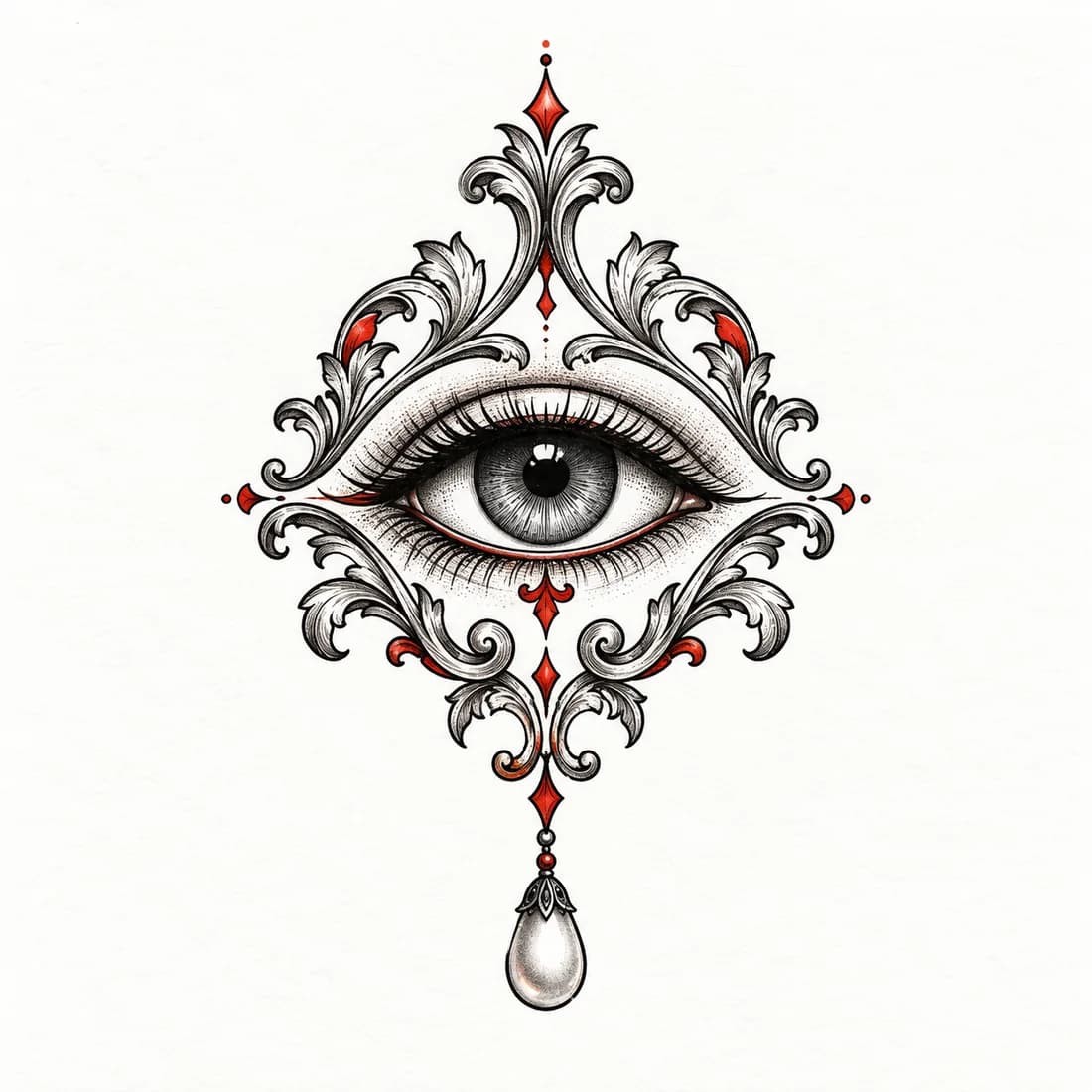 An eye framed in filigree scrollwork — Ornamental tattoo design generated with Inkaro