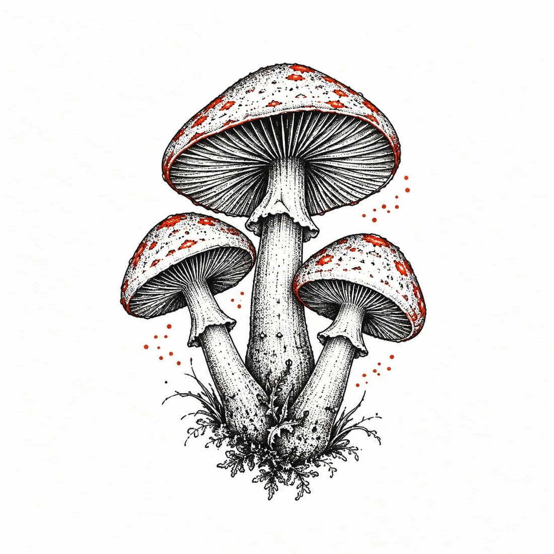 Three mushrooms with gilled undersides — Botanical tattoo design generated with Inkaro