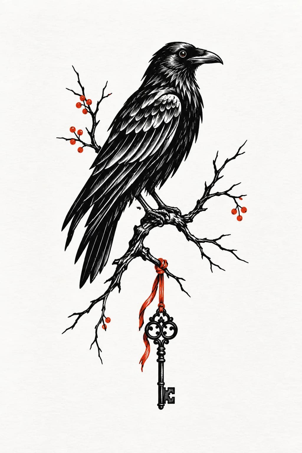 A raven on a bare branch, holding a key — Blackwork tattoo design generated with Inkaro