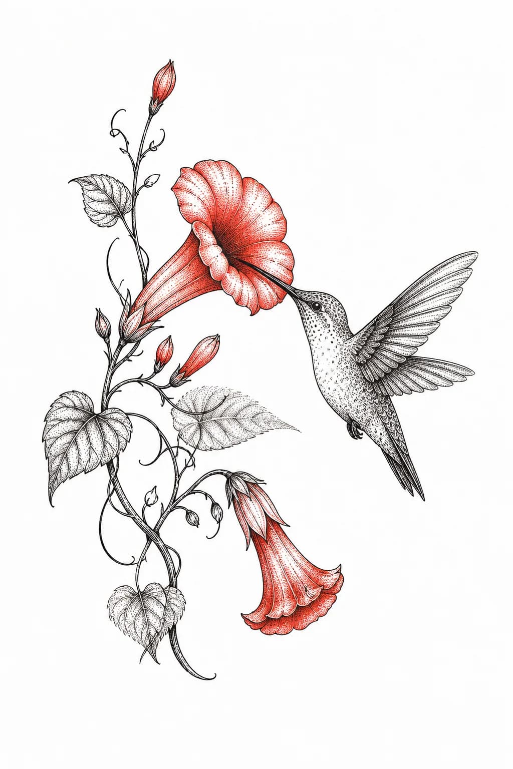 Hummingbird feeding from a trumpet flower — Fine Line tattoo design generated with Inkaro
