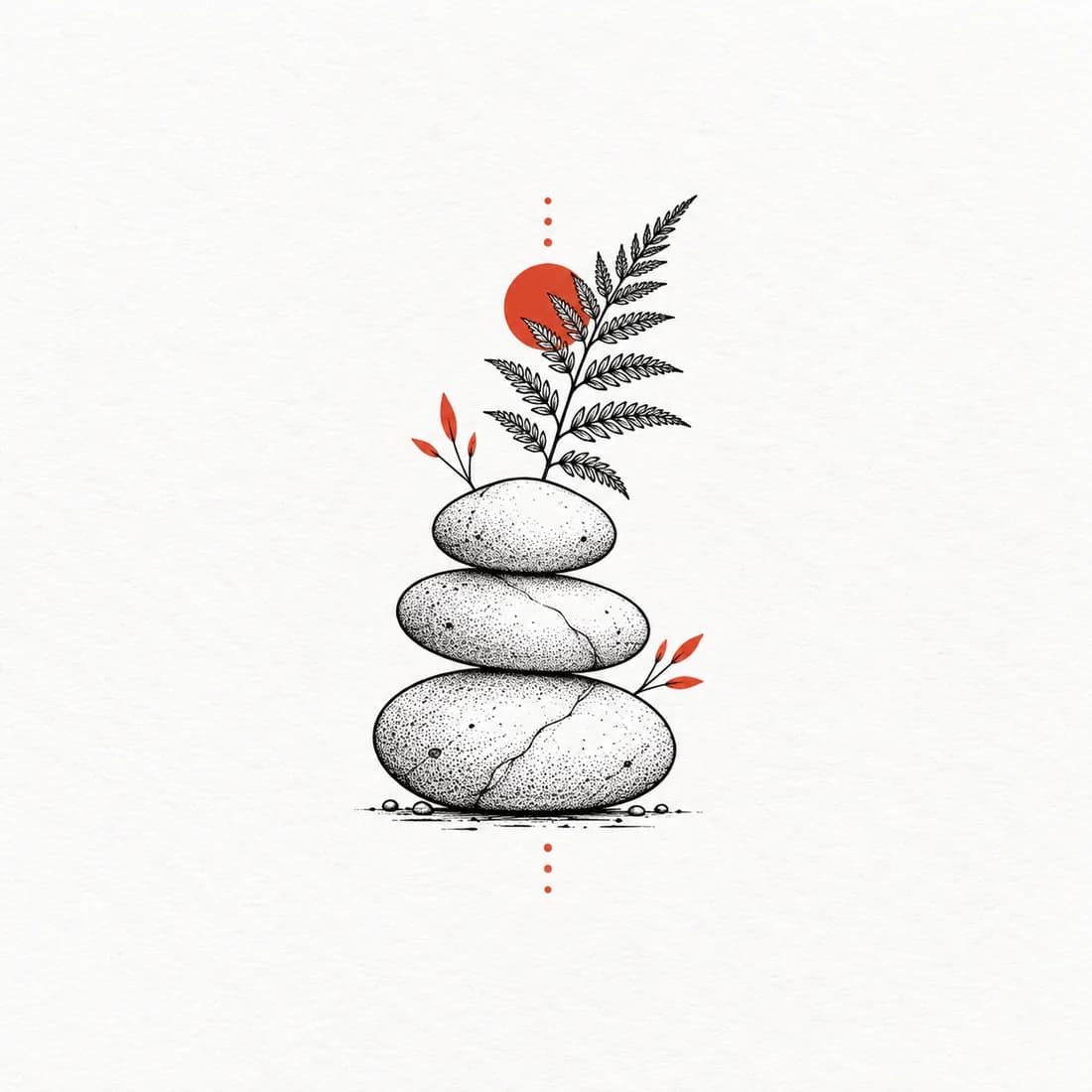 Three river stones balanced with a fern — Fine Line tattoo design generated with Inkaro