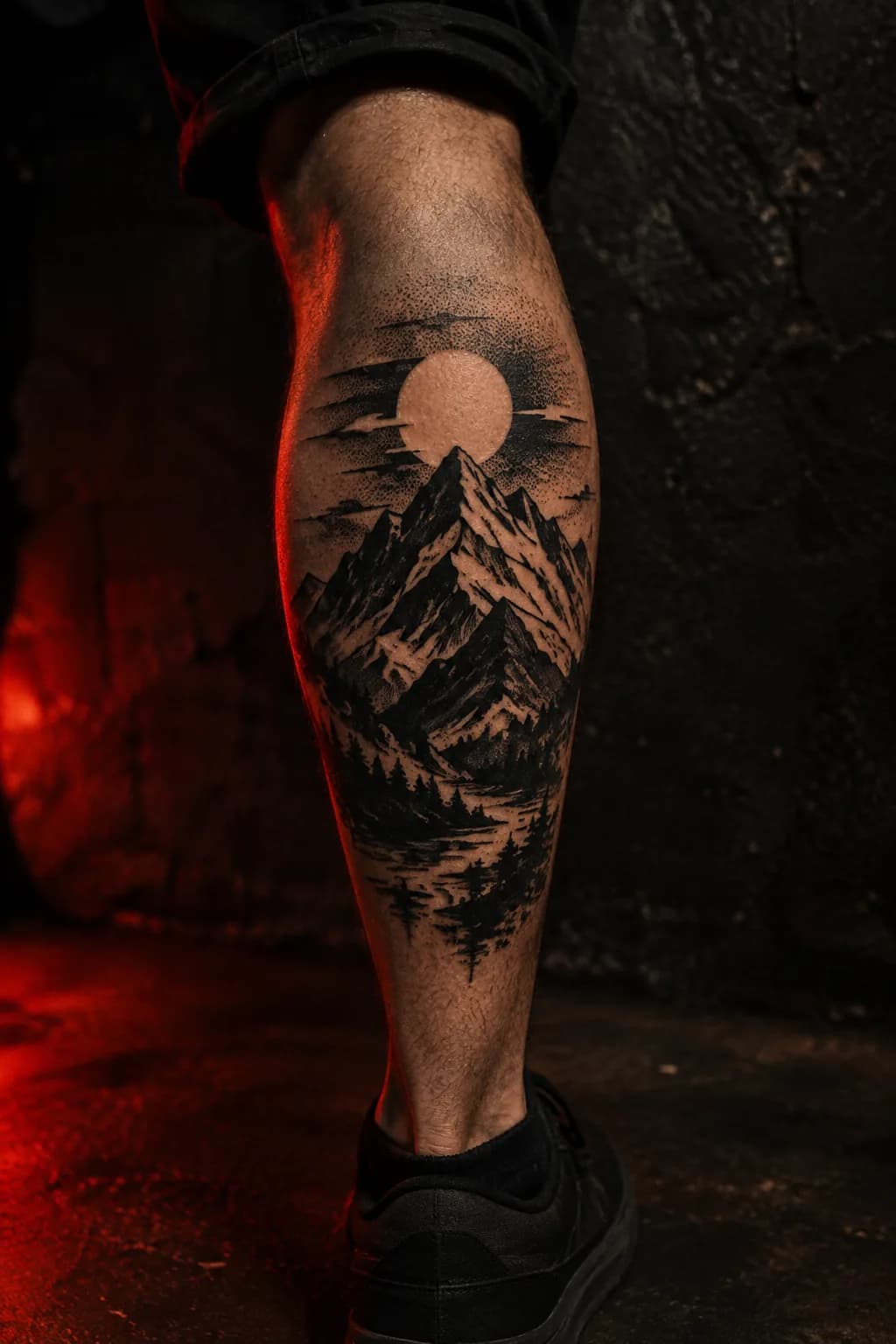 Blackwork tattoo previewed on a calf