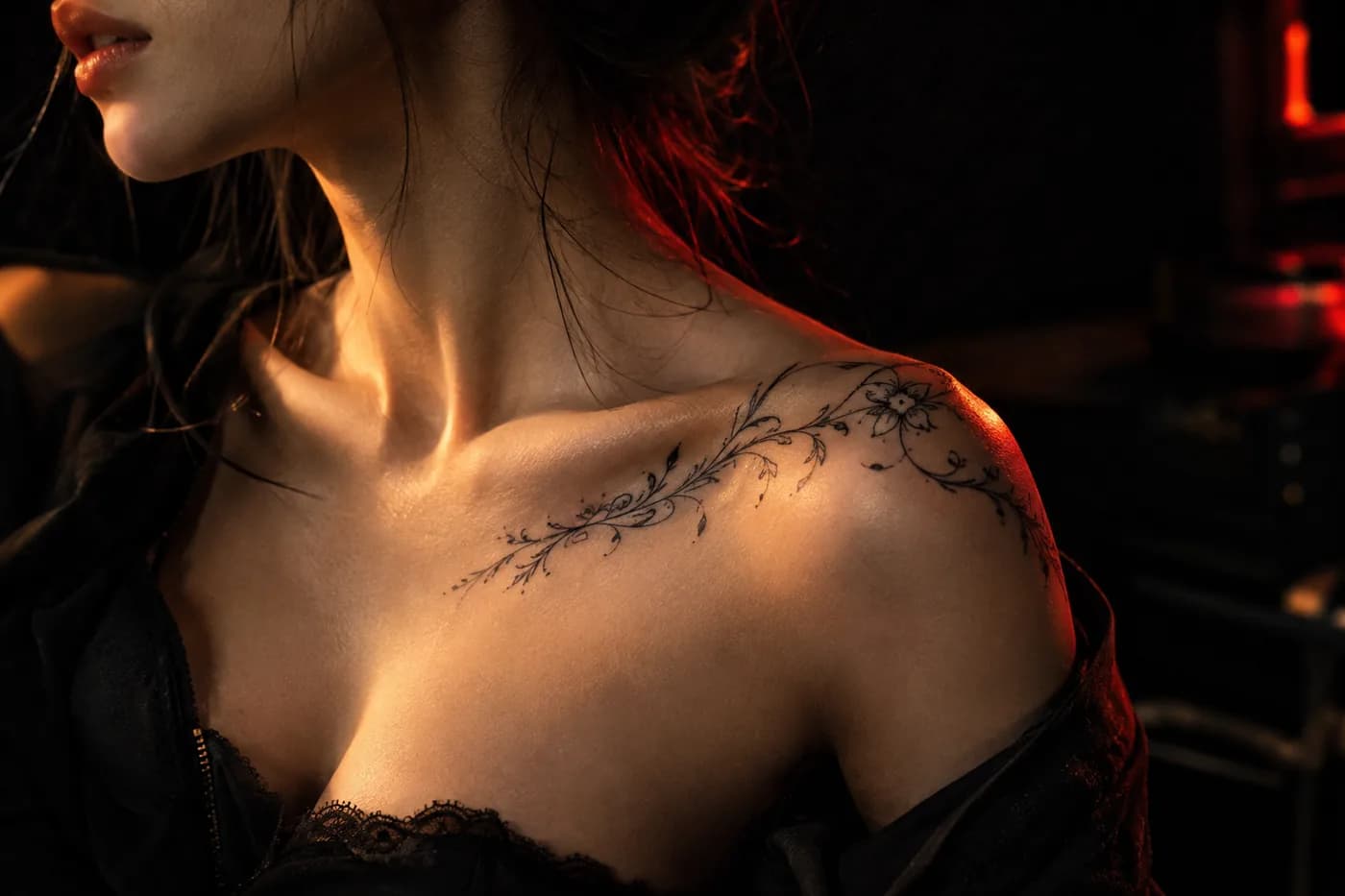 Ornamental tattoo previewed on a collarbone