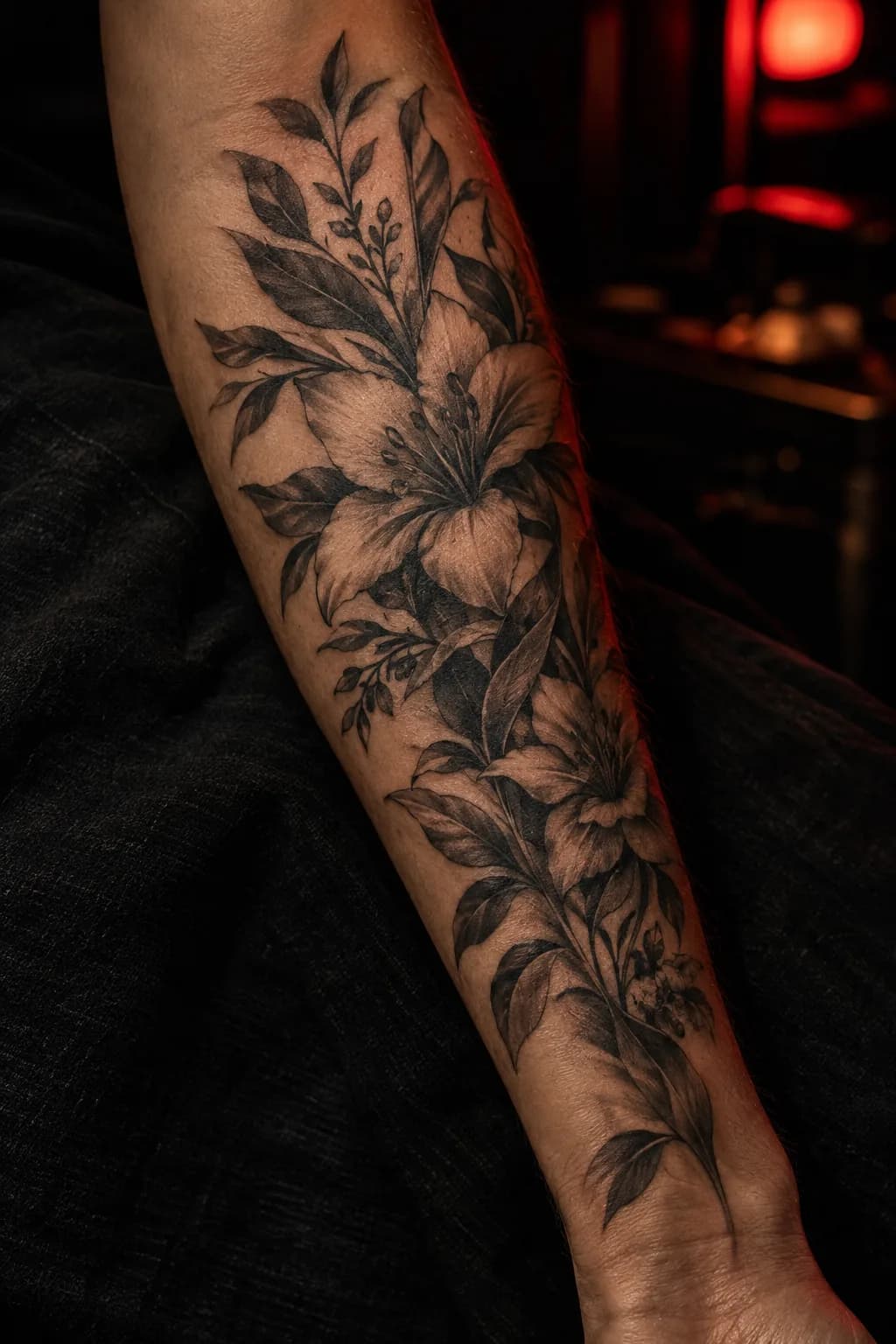 Botanical tattoo previewed on a forearm