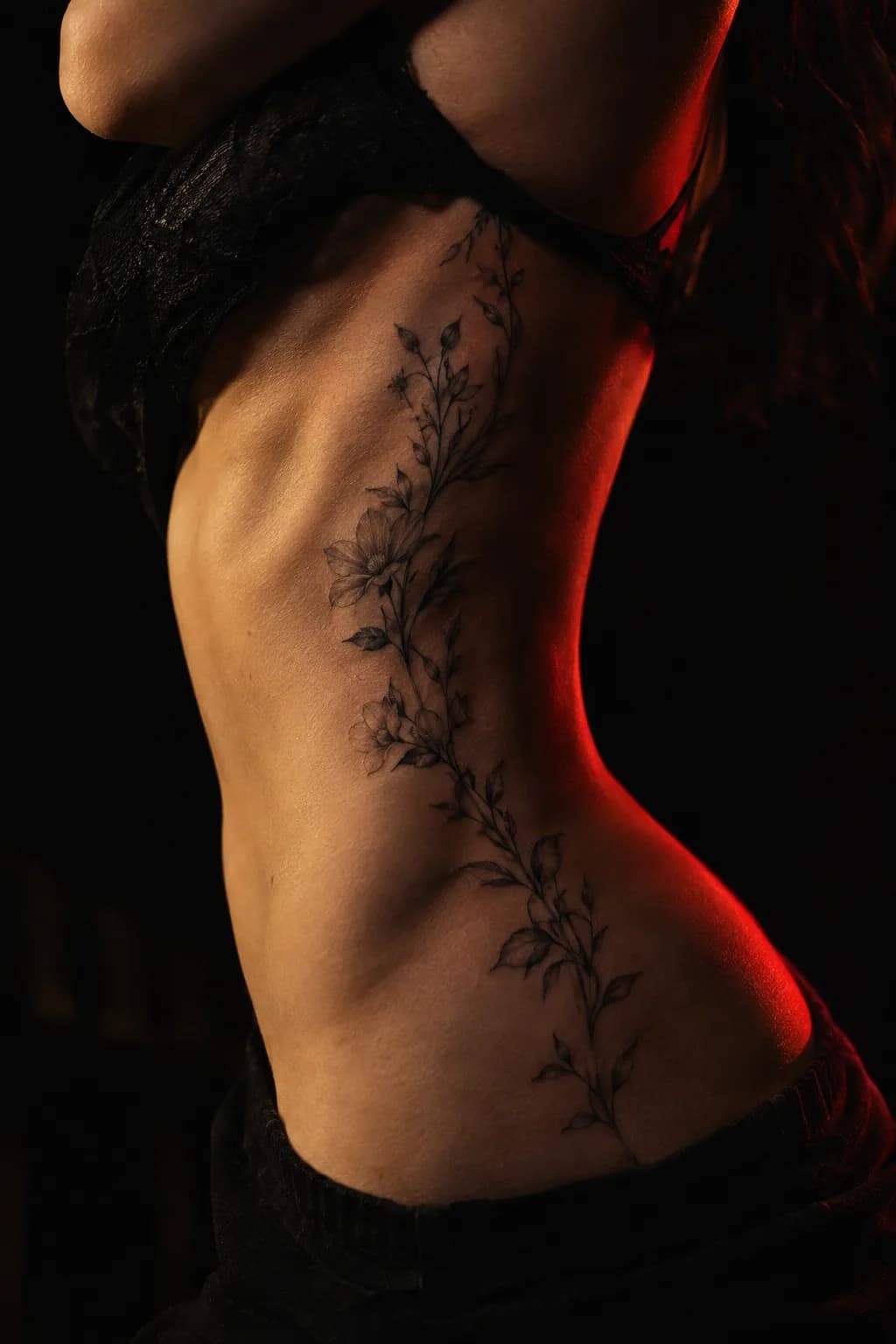 Fine Line tattoo previewed on a ribs