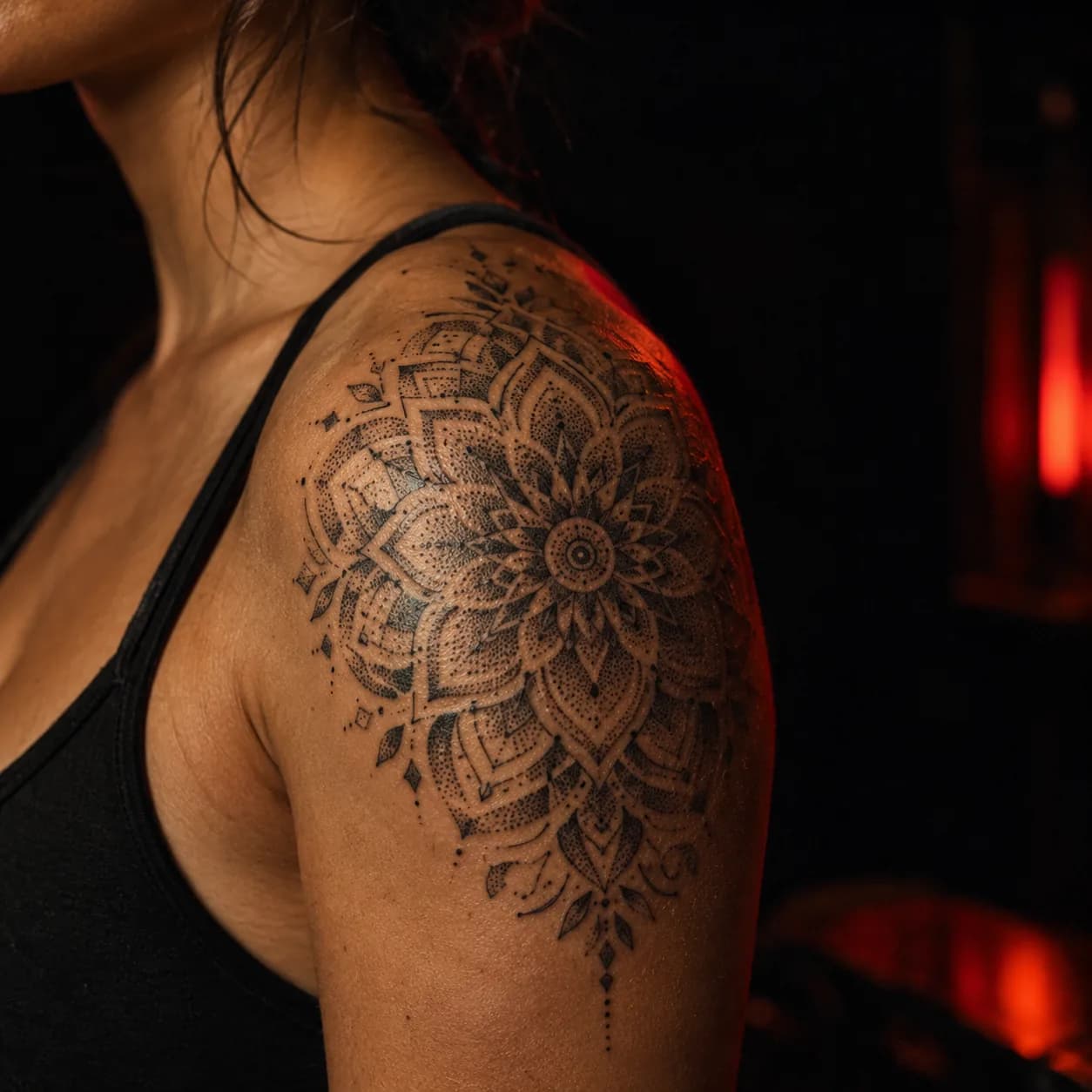 Dotwork tattoo previewed on a shoulder